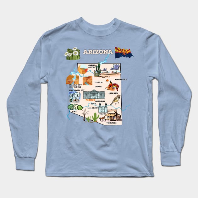 Hand Drawn Illustration of Arizona Map with Tourist Destinations, USA Long Sleeve T-Shirt by Mashmosh